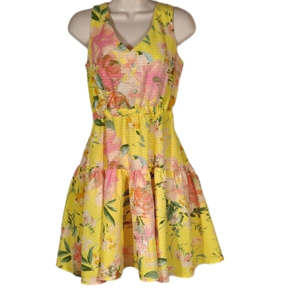 Maison Tara Dress Floral Seersucker Tiered Mini Sleeveless Cut Out Pink Yellow 4 - Picture 4 of 16